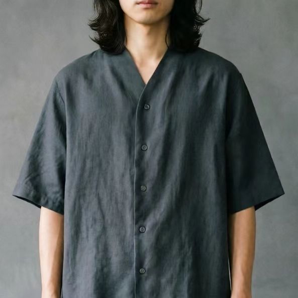 Linen shirt collarless V neck linen blouse