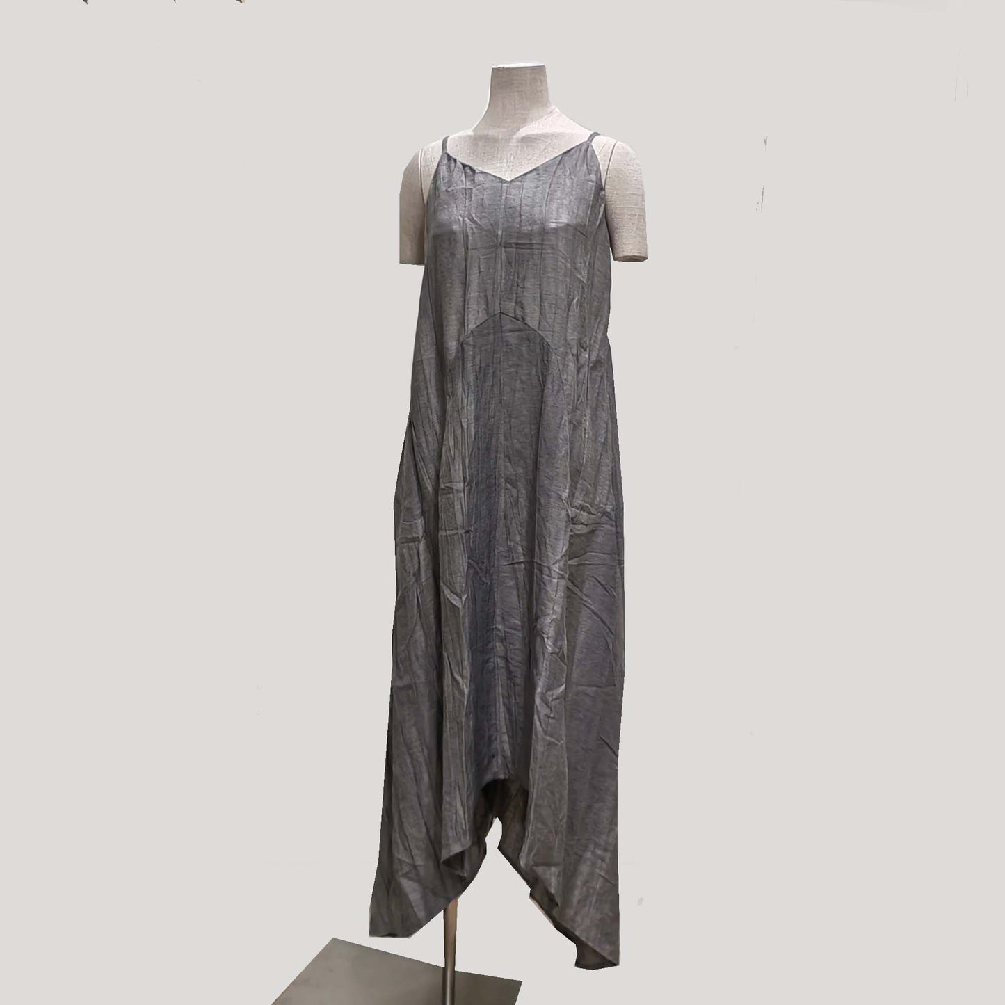 Assymmetrical Creased Linen Gray color plant dyed color slip dress Linen tencel fabric