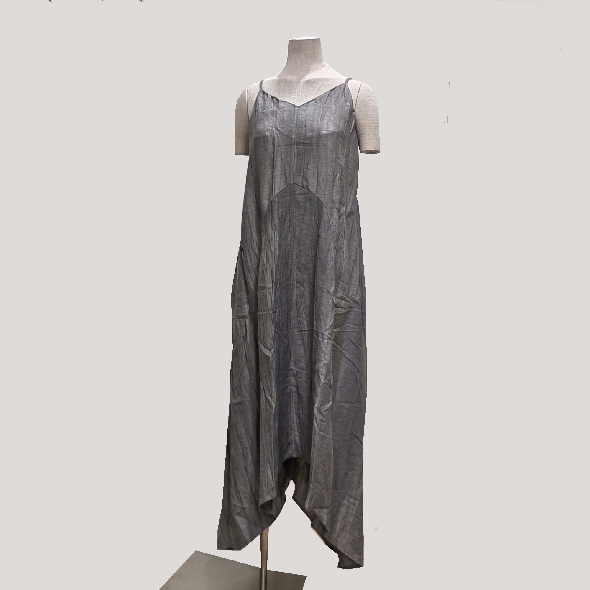 Assymmetrical Creased Linen Gray color plant dyed color slip dress Linen tencel fabric