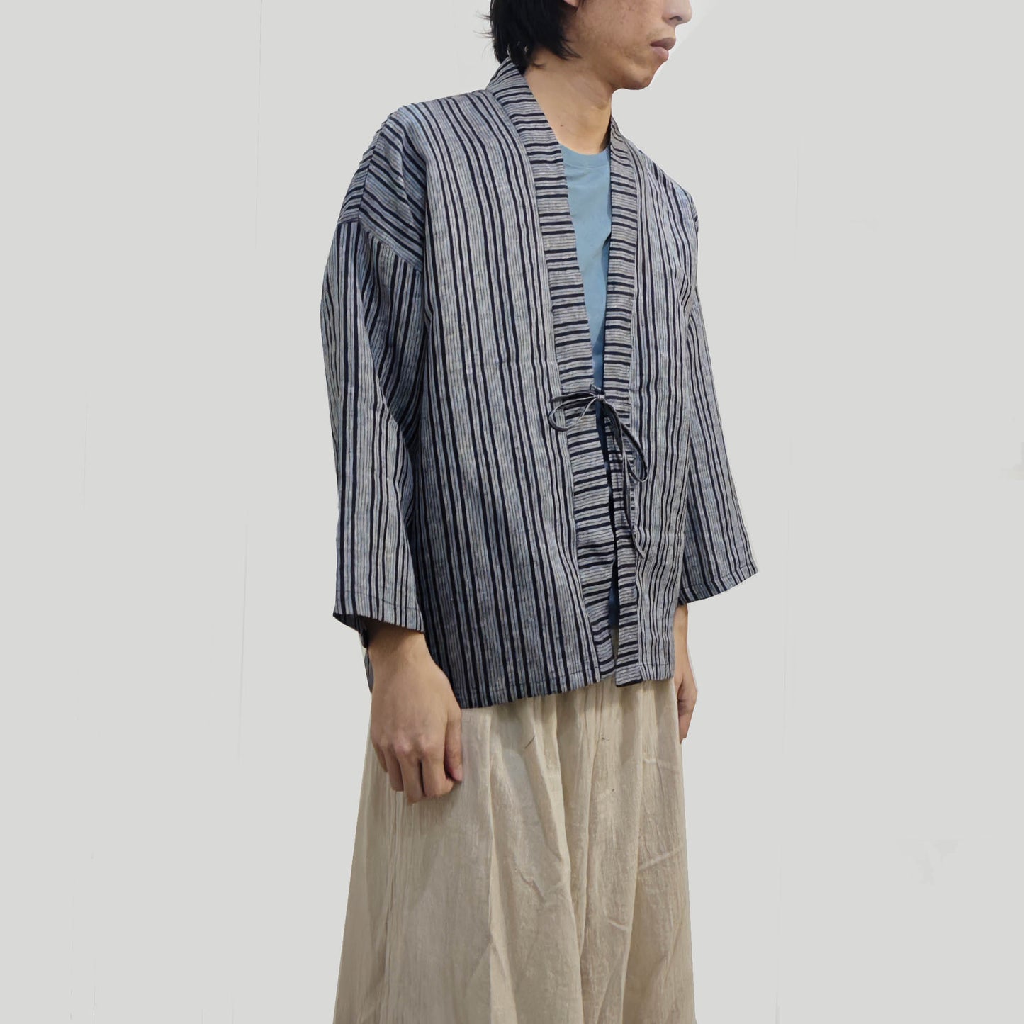 Linen kimono style summer top Yarn dyed striped linen light weight Haori top