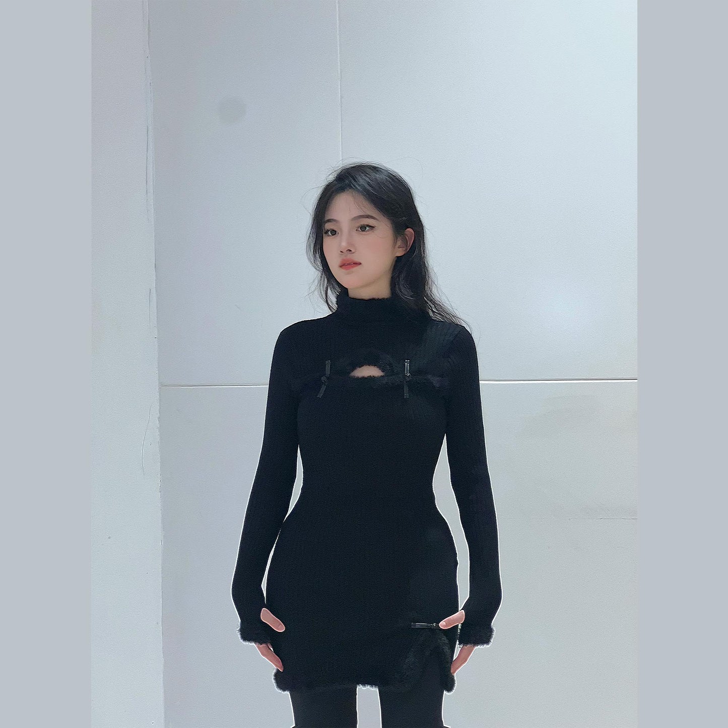 Jersey snug fit dress black jersey stretchy dress with frog toggles winter long sleeves qipao style dress