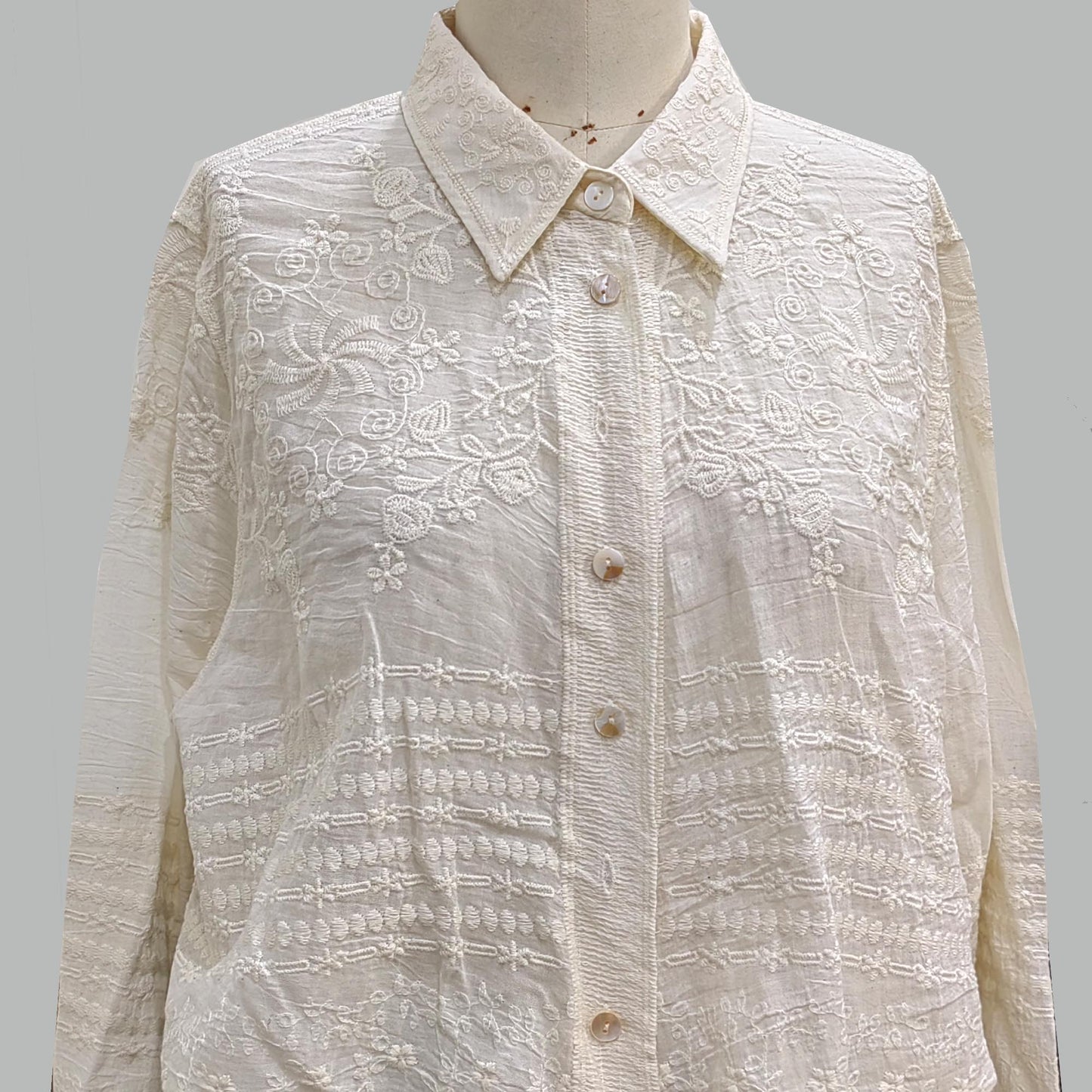 Cotton Lace shirt ecru color soft cotton voile shirt retro style lace shirt embroidery shirt