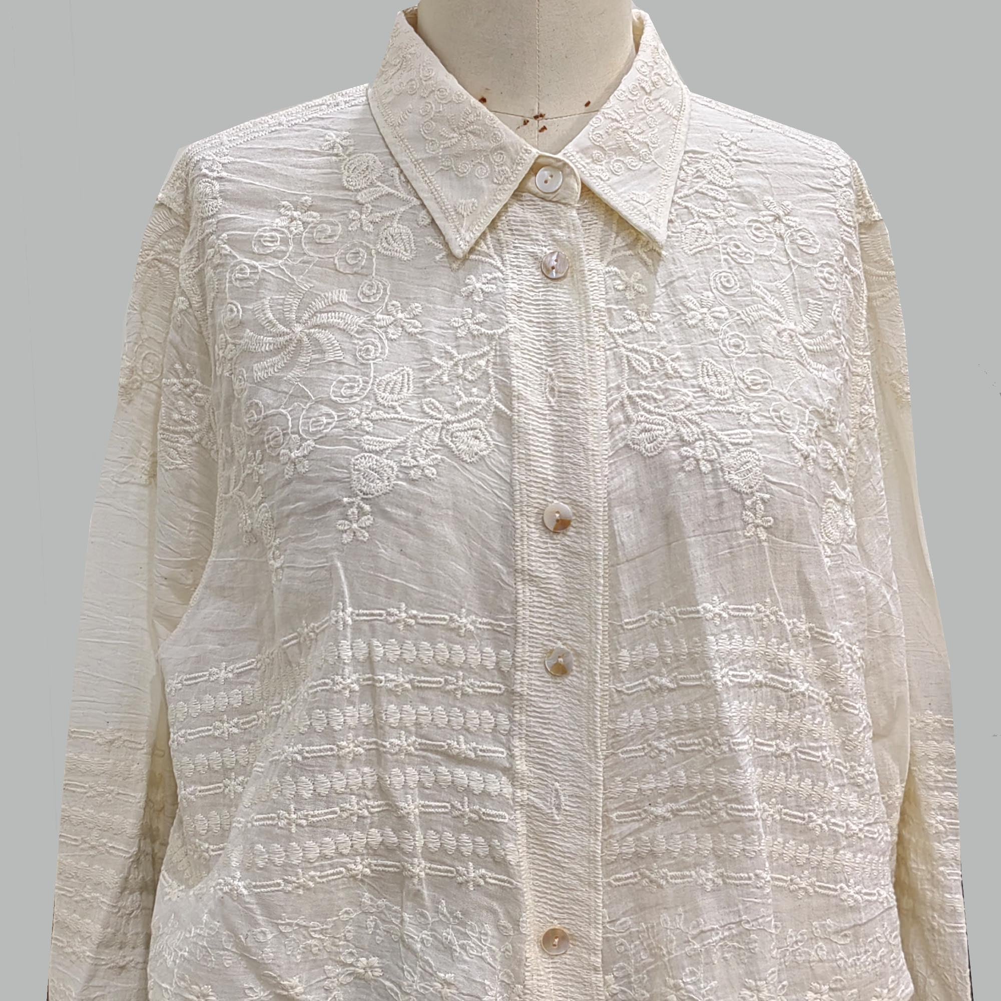 Cotton Lace shirt ecru color soft cotton voile shirt retro style lace shirt embroidery shirt