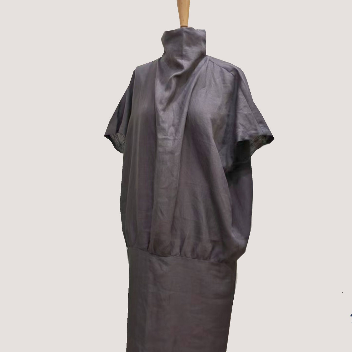 Linen dress high collar loose fit gray dress