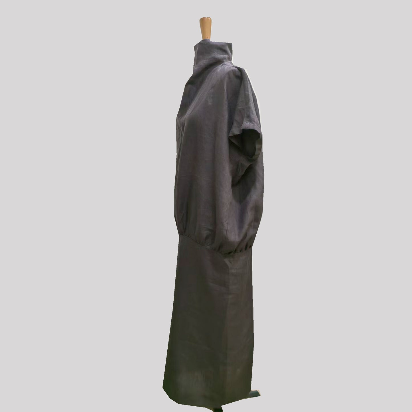 Linen dress high collar loose fit gray dress