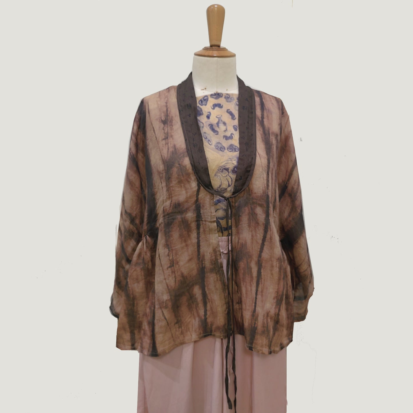 Ramie loose fit cardigan with skirt tie dye motif brown ramie set