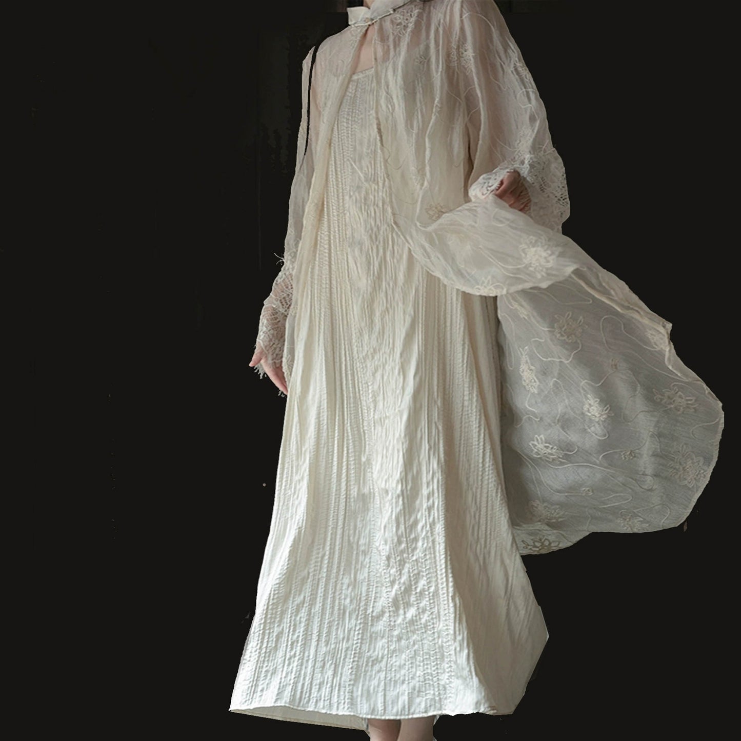 Sheer lace top with slip dress set lace fabric with stand collar and frog toggles closure at collar