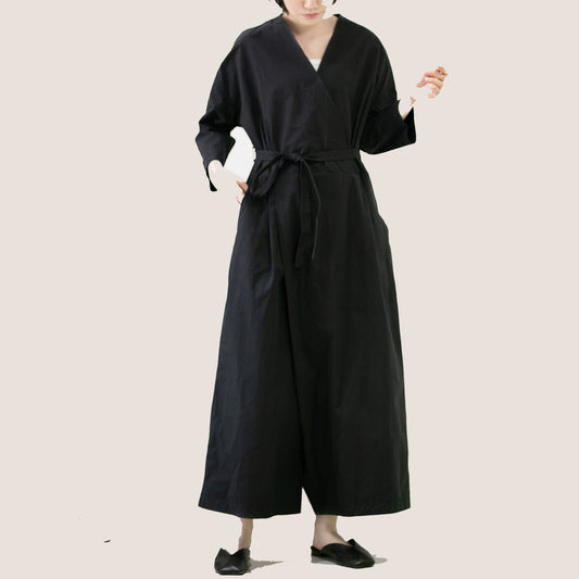 Cotton Jumpsuit Loose fit cotton jumpsuit V neck collar jumpsuit with belt