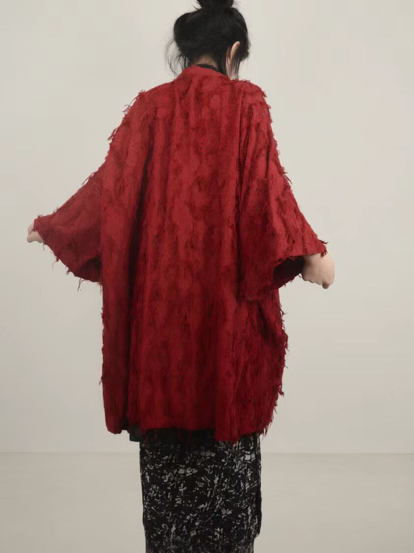 Red kimono jacket loose fit linen cotton long jacket