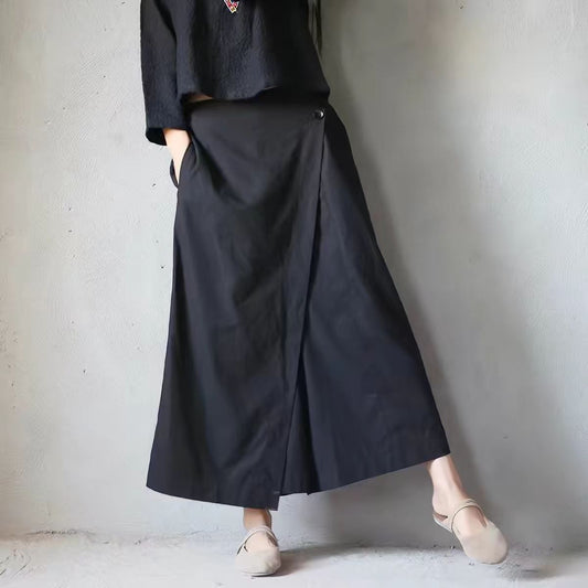 Cotton pants Cotton Culottes  Wide Leg Pants Adjustable Waist Low Crotch Design Front Fake Skirt Design Minimalist Urban Style