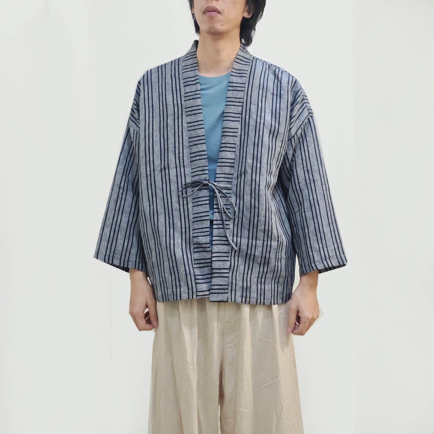 Linen kimono style summer top Yarn dyed striped linen light weight Haori top