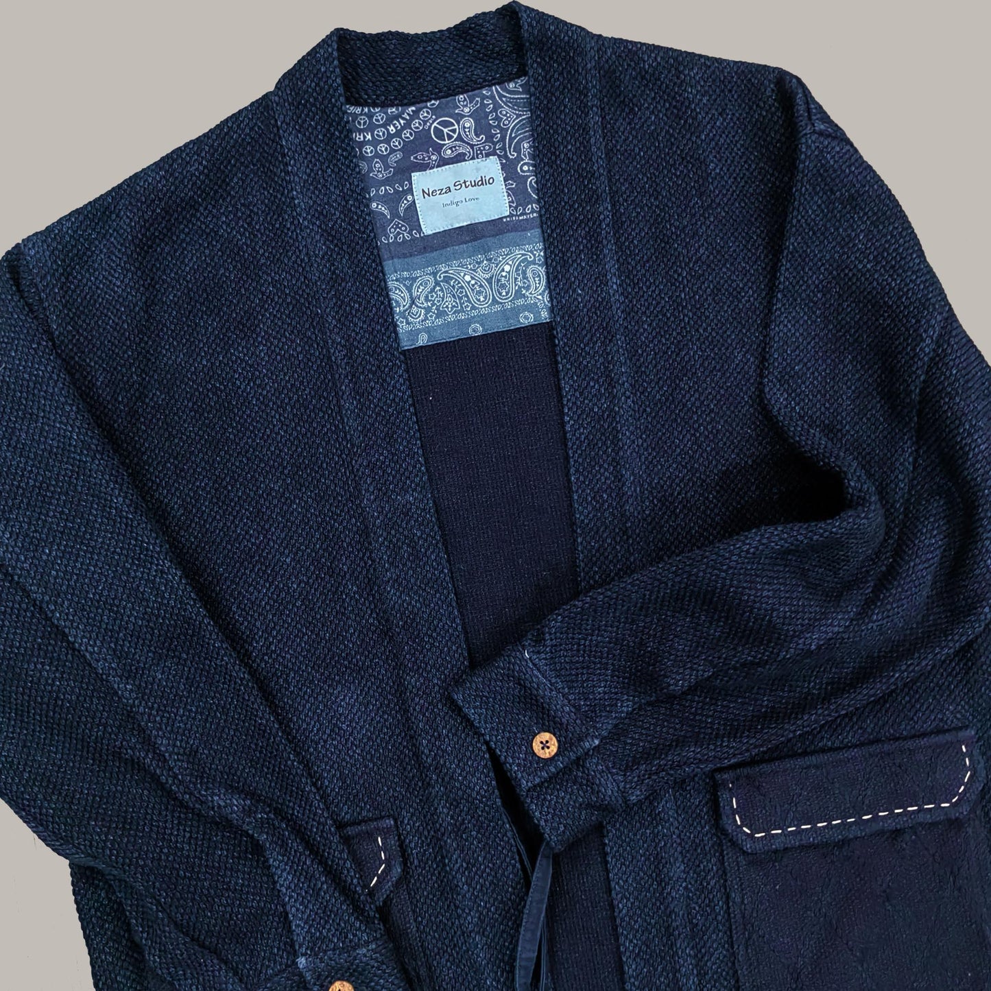 Kimono jacket Heavy sashiko cotton kimono plant dyed indigo color with sashiko embroidery details