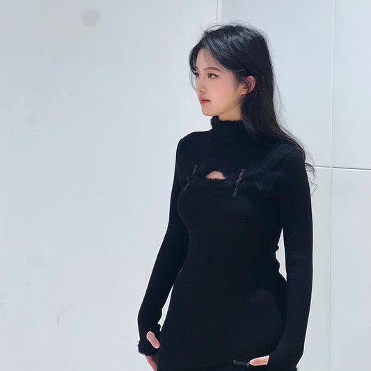 Jersey snug fit dress black jersey stretchy dress with frog toggles winter long sleeves qipao style dress