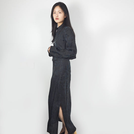 Tencel Tang suit style set crop top + slit skirt loose fit crop top tang suit style jacket Cheongsam jacket