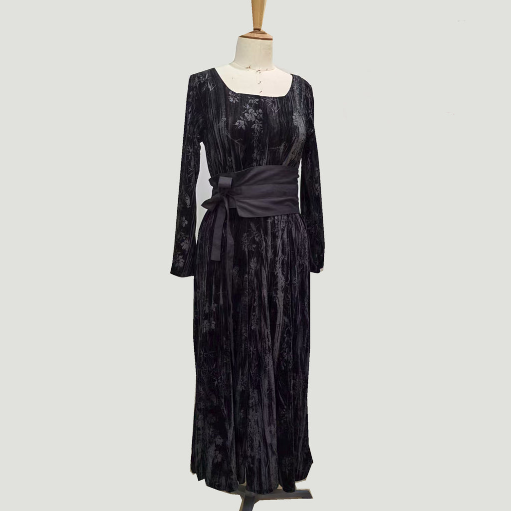 Black velvet long sleeves dress with OBI belt