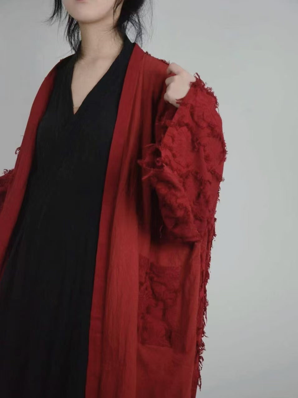 Red kimono jacket loose fit linen cotton long jacket