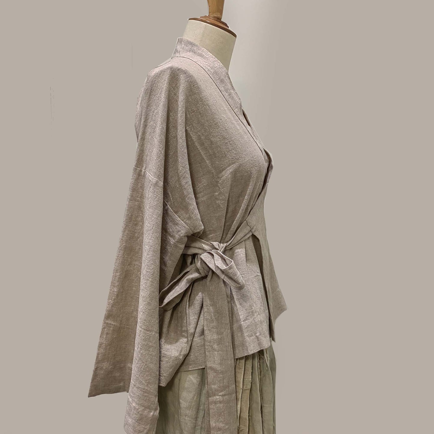 Long sleeves over lapping linen top Hanfu style long straps top kimono style linen blouse