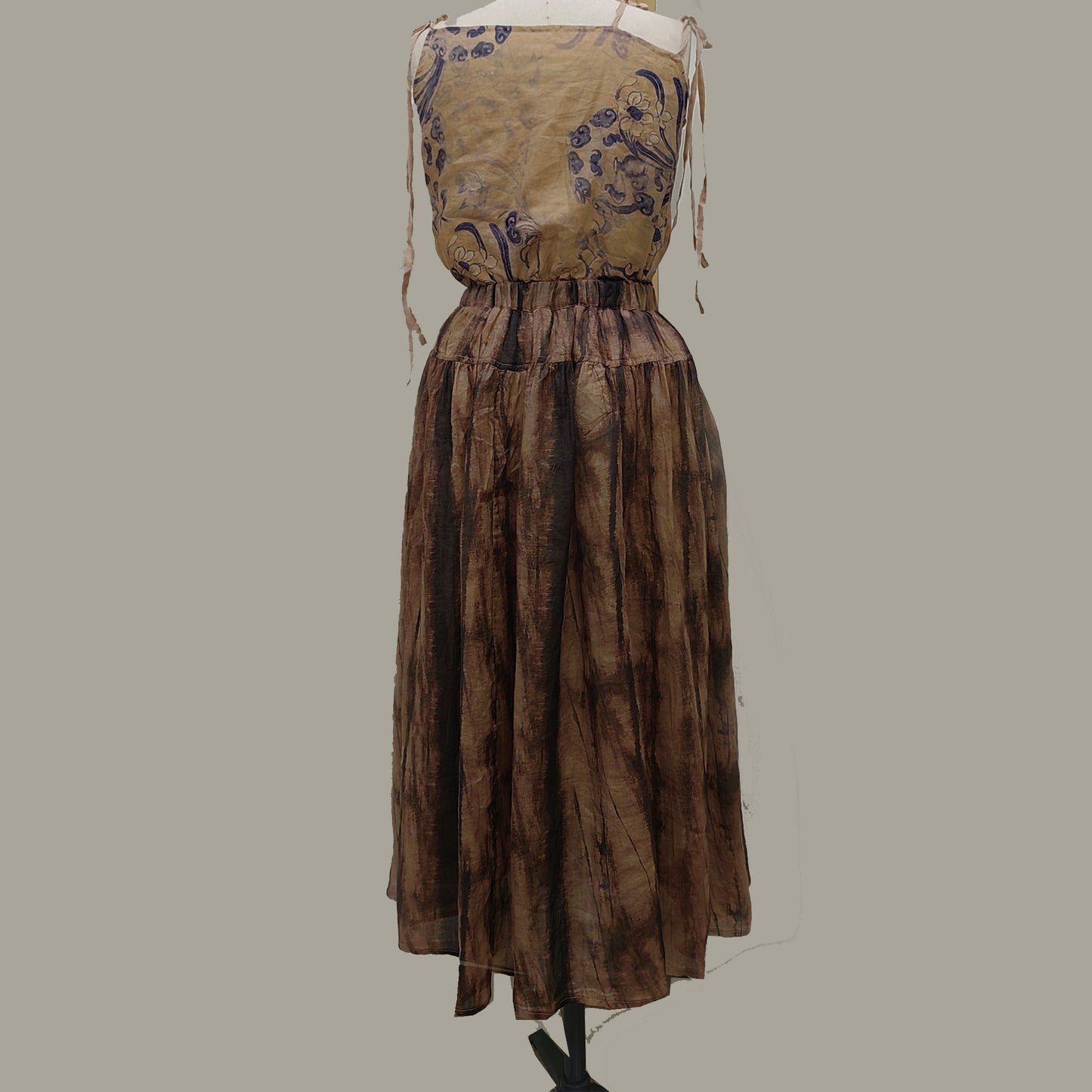 Ramie loose fit cardigan with skirt tie dye motif brown ramie set