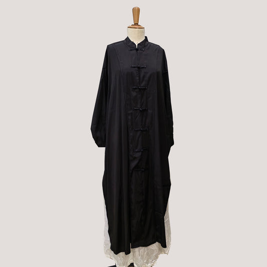 Black Tencel Cheongsam style long slits loose fit qipao high openning cheongsam style top