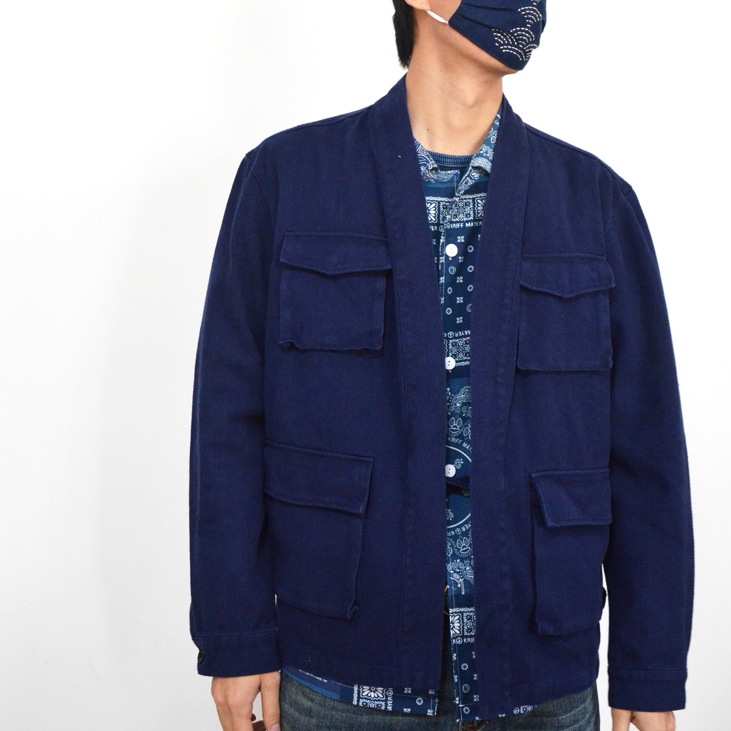 Neza Studio Multi pocket sashiko kimono jacket Indigo blue sashiko jacket loose fit kimono