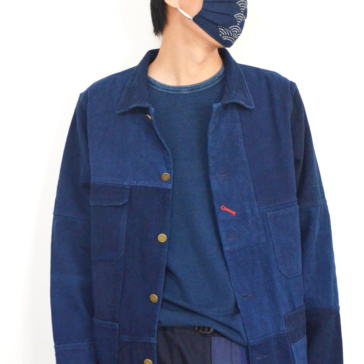 Indigo Blue Patchwork Retro French Jacket Plant Dye Kendo fabric Japanese Sashiko Fabric Blue dye Work jacket Neza Studio Custom Made coat