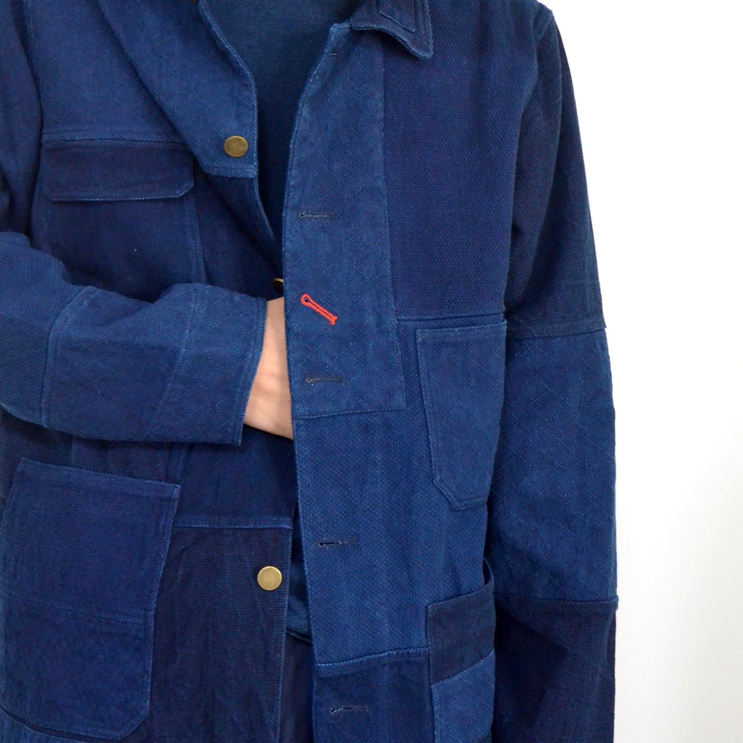 Indigo Blue Patchwork Retro French Jacket Plant Dye Kendo fabric Japanese Sashiko Fabric Blue dye Work jacket Neza Studio Custom Made coat