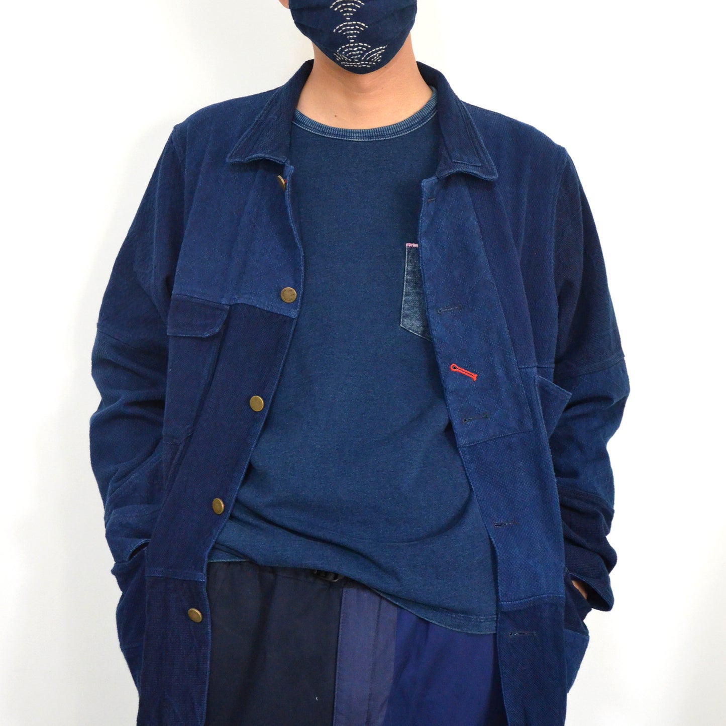 Indigo Blue Patchwork Retro French Jacket Plant Dye Kendo fabric Japanese Sashiko Fabric Blue dye Work jacket Neza Studio Custom Made coat