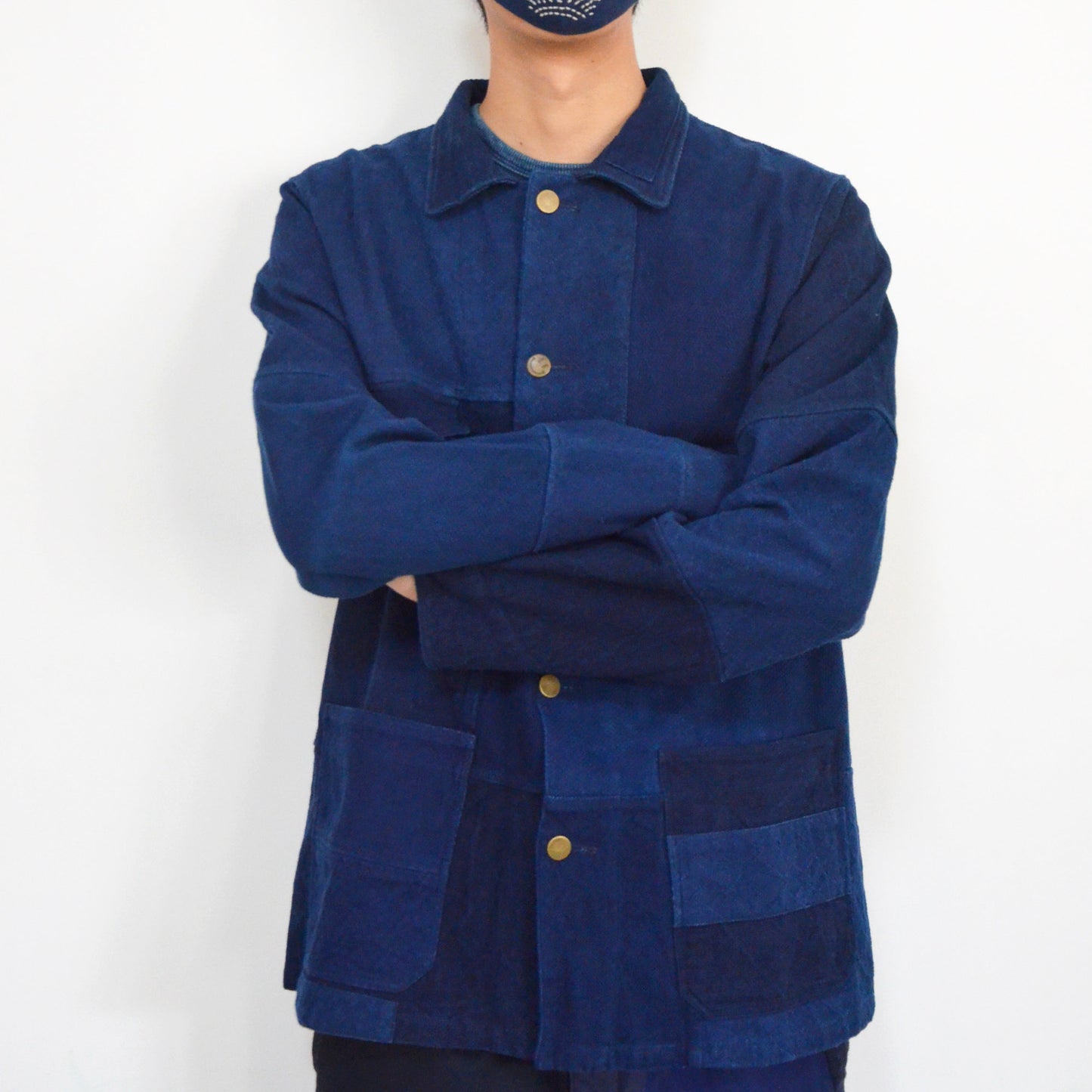 Indigo Blue Patchwork Retro French Jacket Plant Dye Kendo fabric Japanese Sashiko Fabric Blue dye Work jacket Neza Studio Custom Made coat