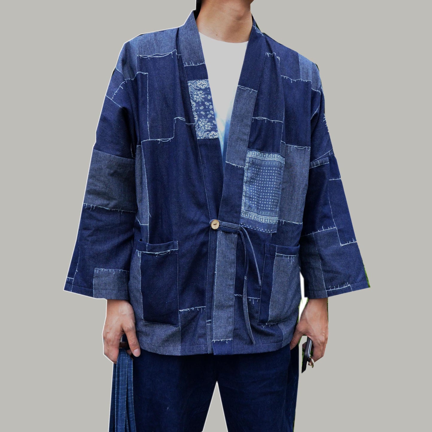 Indigo Blue Patchwork Print Cotton Fabric Kimono Raw Edge Prints Oversized Kimono Japanese Kimono Summer Kimono Unisex Neza Studio