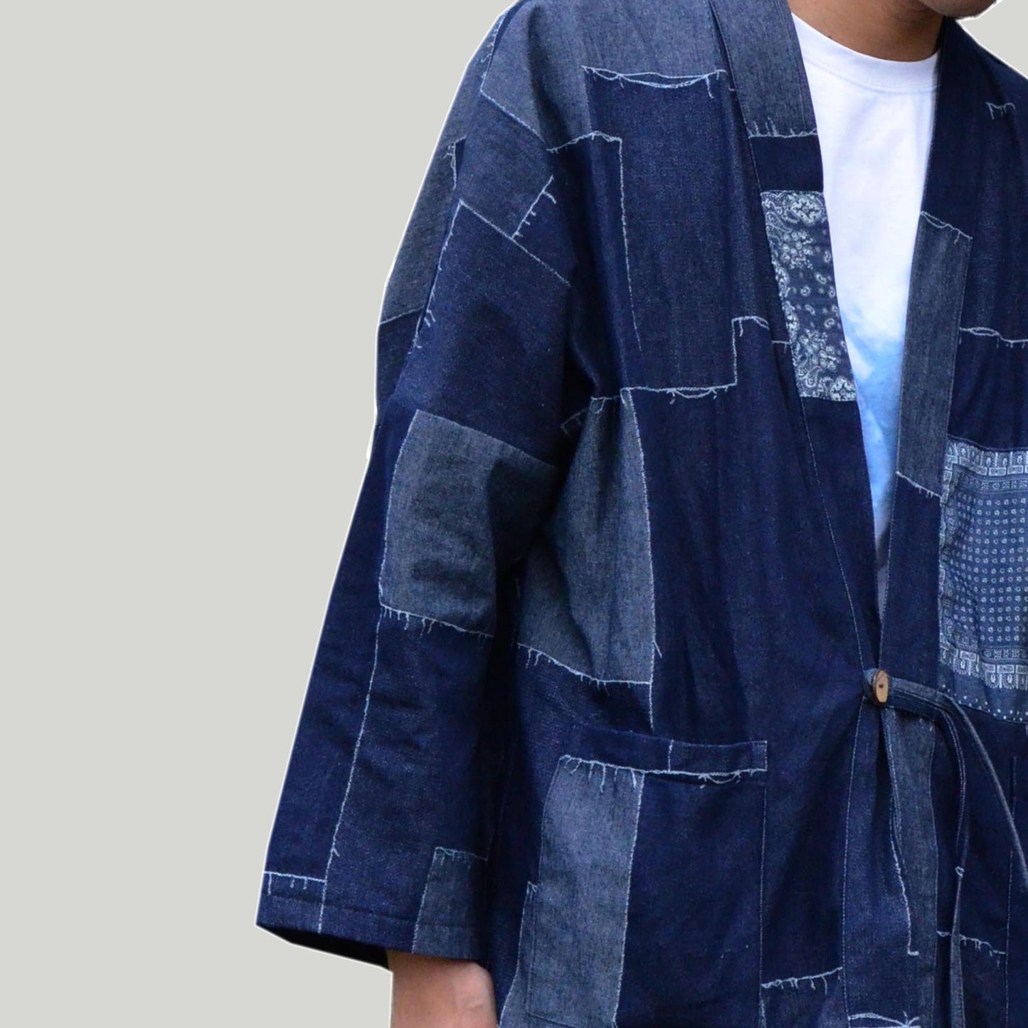 Indigo Blue Patchwork Print Cotton Fabric Kimono Raw Edge Prints Oversized Kimono Japanese Kimono Summer Kimono Unisex Neza Studio