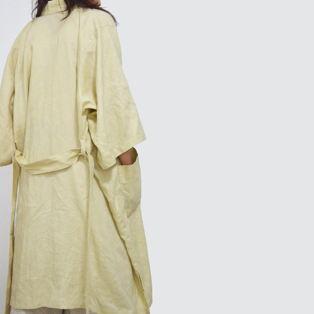 Linen loose fit Kimono style trench Pale yellow color