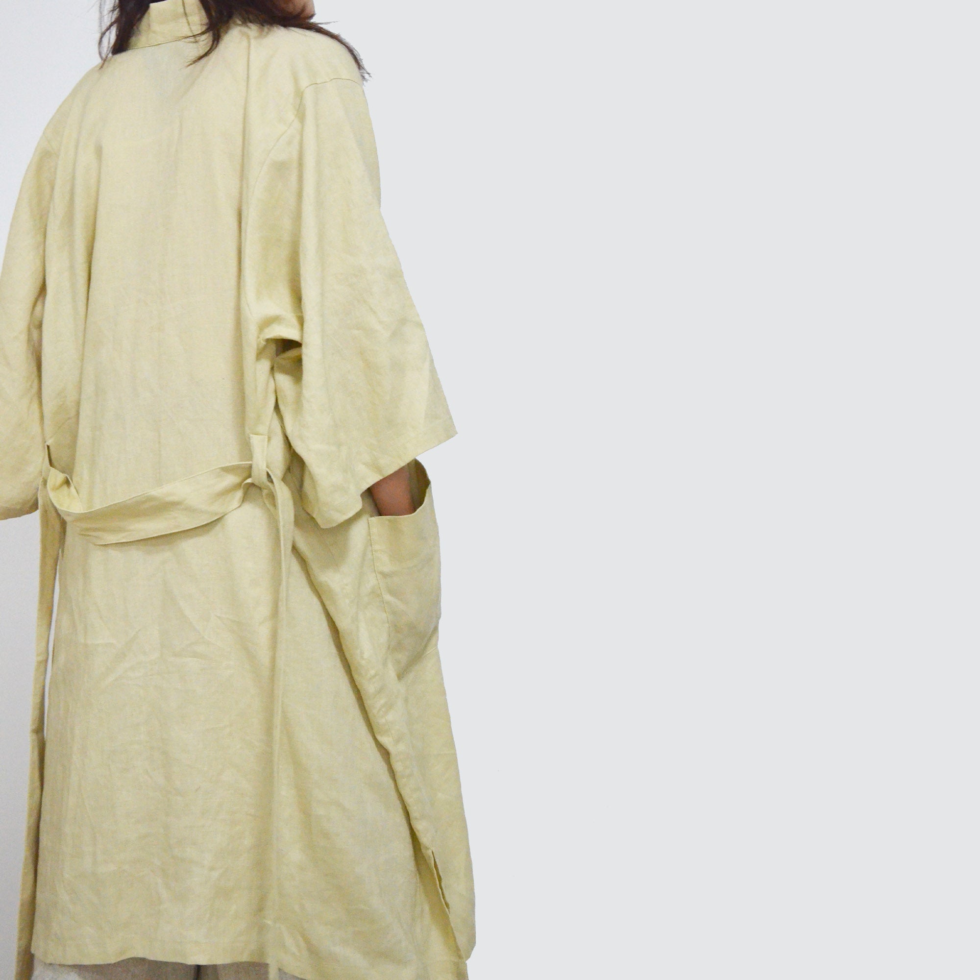 Linen loose fit Kimono style trench Pale yellow color