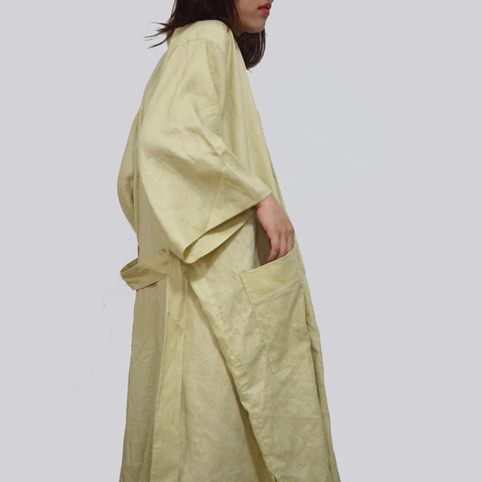 Linen loose fit Kimono style trench Pale yellow color