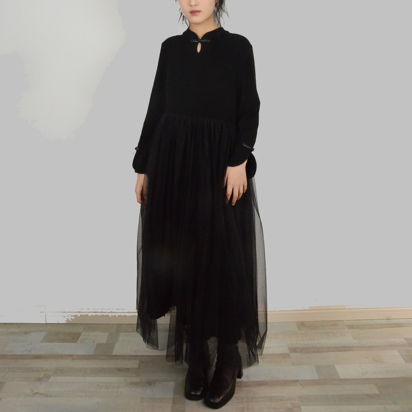 SAMPLE SALE Black dress knitted dress Tulle pleats Chinese Style dress warm dress maxi dress black wool dress Chinese toggles frog closure