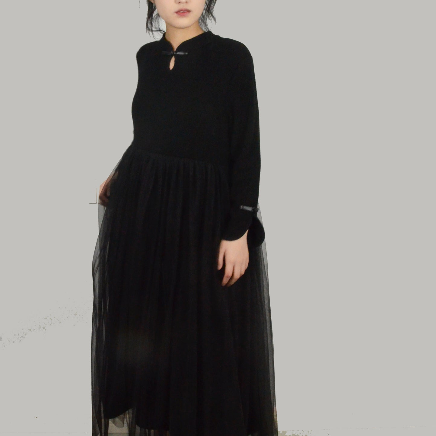 SAMPLE SALE Black dress knitted dress Tulle pleats Chinese Style dress warm dress maxi dress black wool dress Chinese toggles frog closure