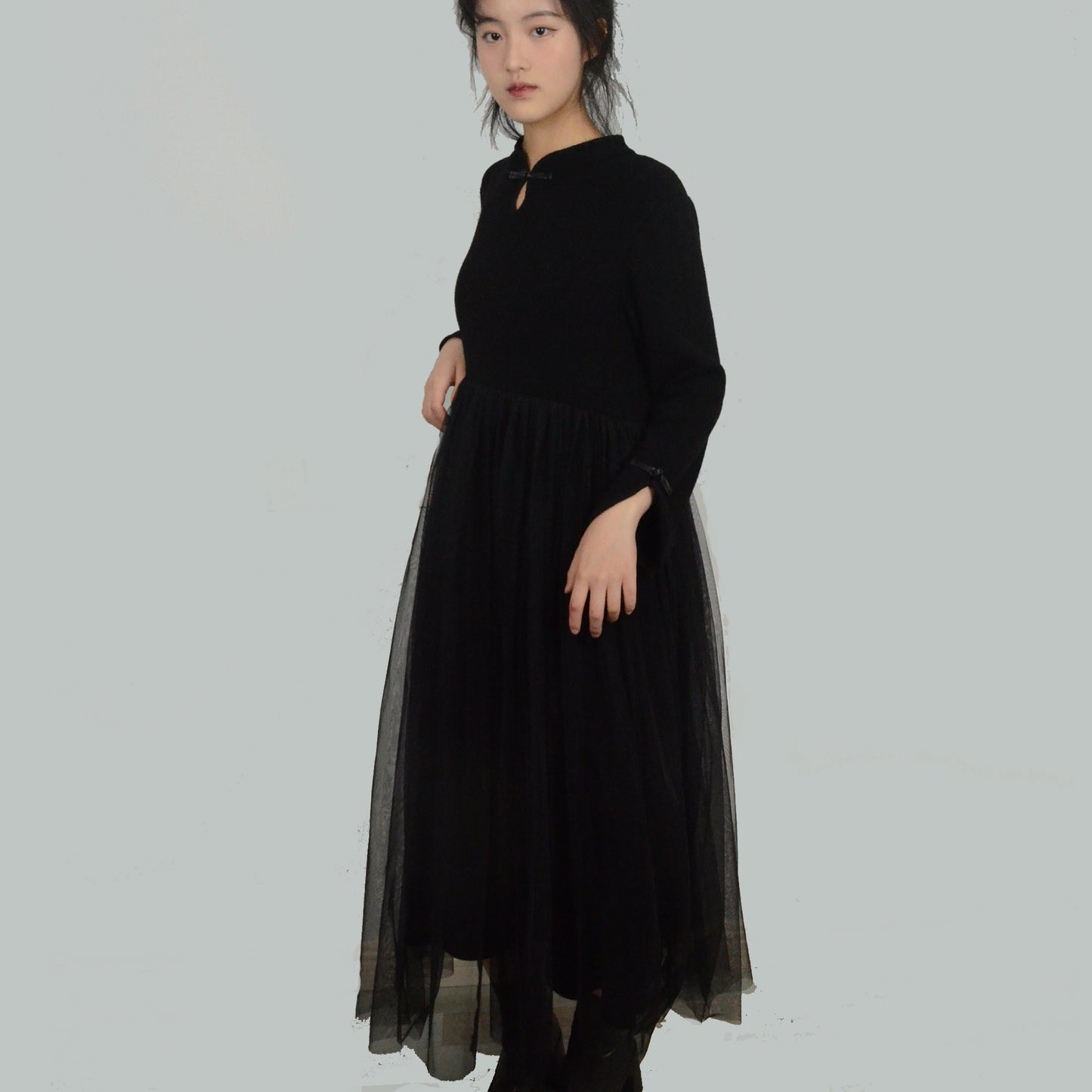 SAMPLE SALE Black dress knitted dress Tulle pleats Chinese Style dress warm dress maxi dress black wool dress Chinese toggles frog closure