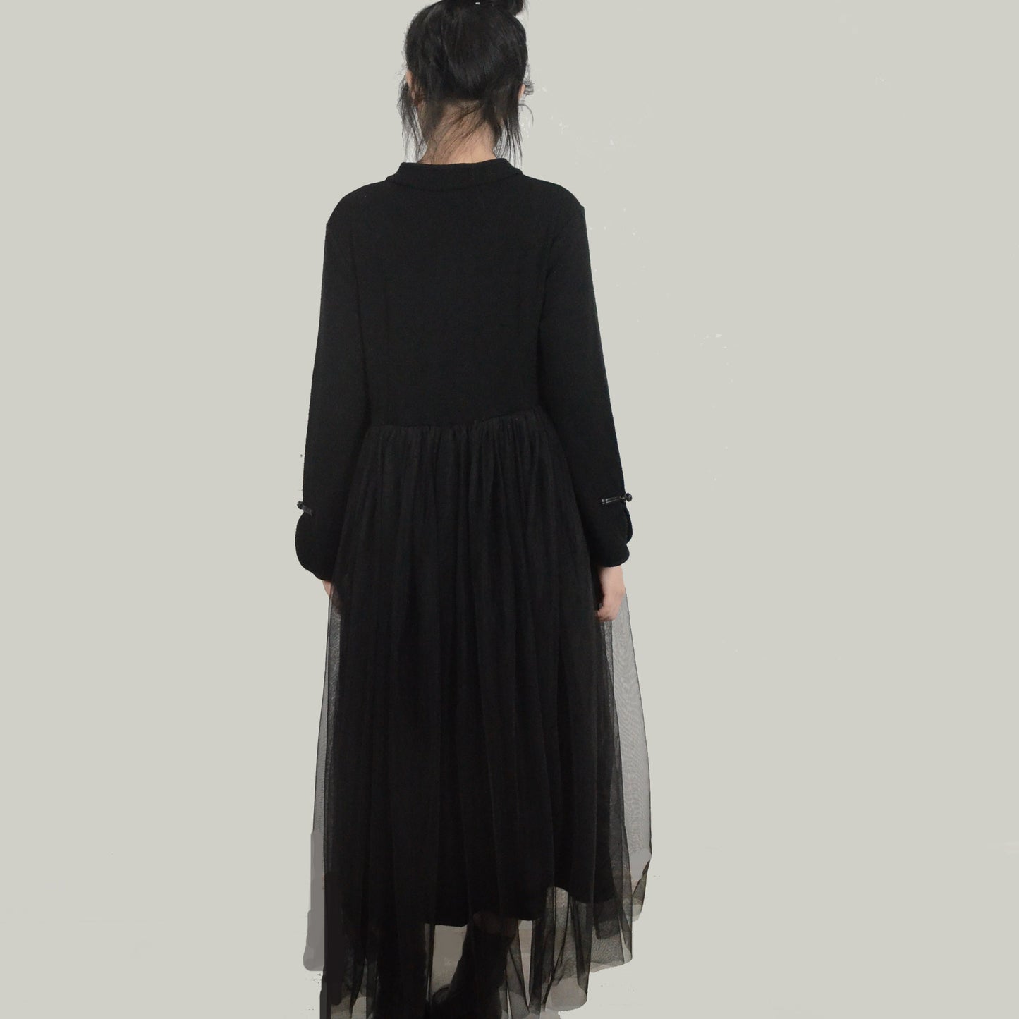 SAMPLE SALE Black dress knitted dress Tulle pleats Chinese Style dress warm dress maxi dress black wool dress Chinese toggles frog closure