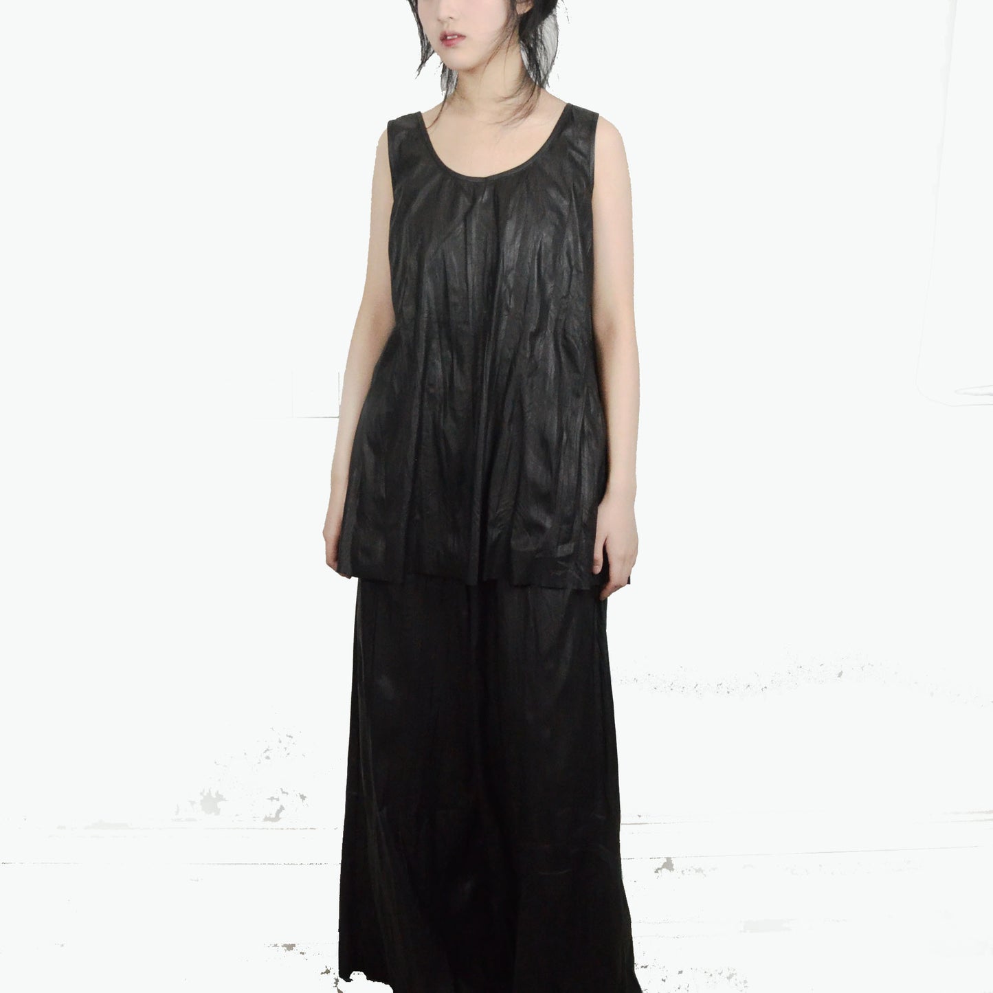 Black crinkle tank top and wide leg pants Light weight man made leather fabric black tank top vegan leather top wide leg trousers