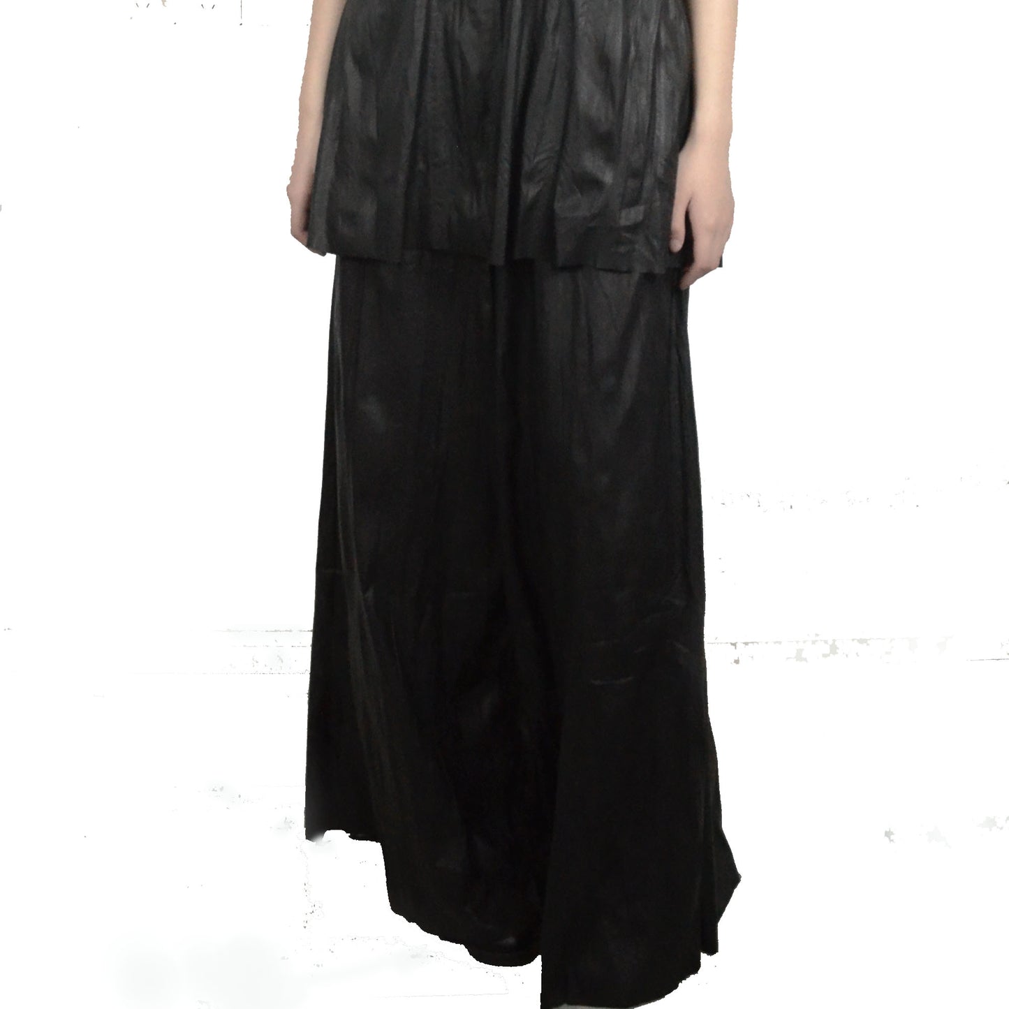 Black crinkle tank top and wide leg pants Light weight man made leather fabric black tank top vegan leather top wide leg trousers