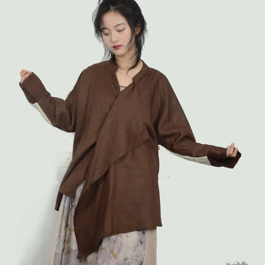 Brown linen top color block loose fit women's linen blouse with wide ruffles linen top linen shirt linen blouse loose fit top