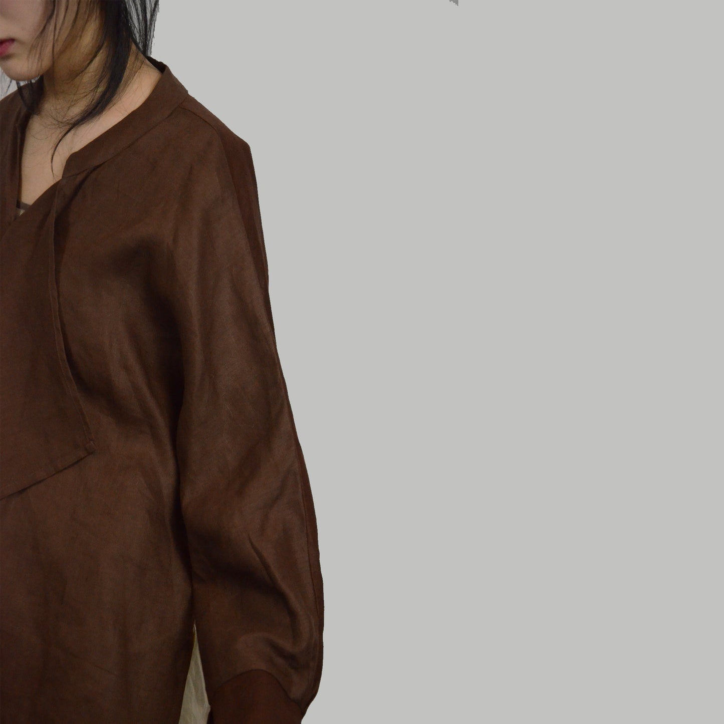Brown linen top color block loose fit women's linen blouse with wide ruffles linen top linen shirt linen blouse loose fit top
