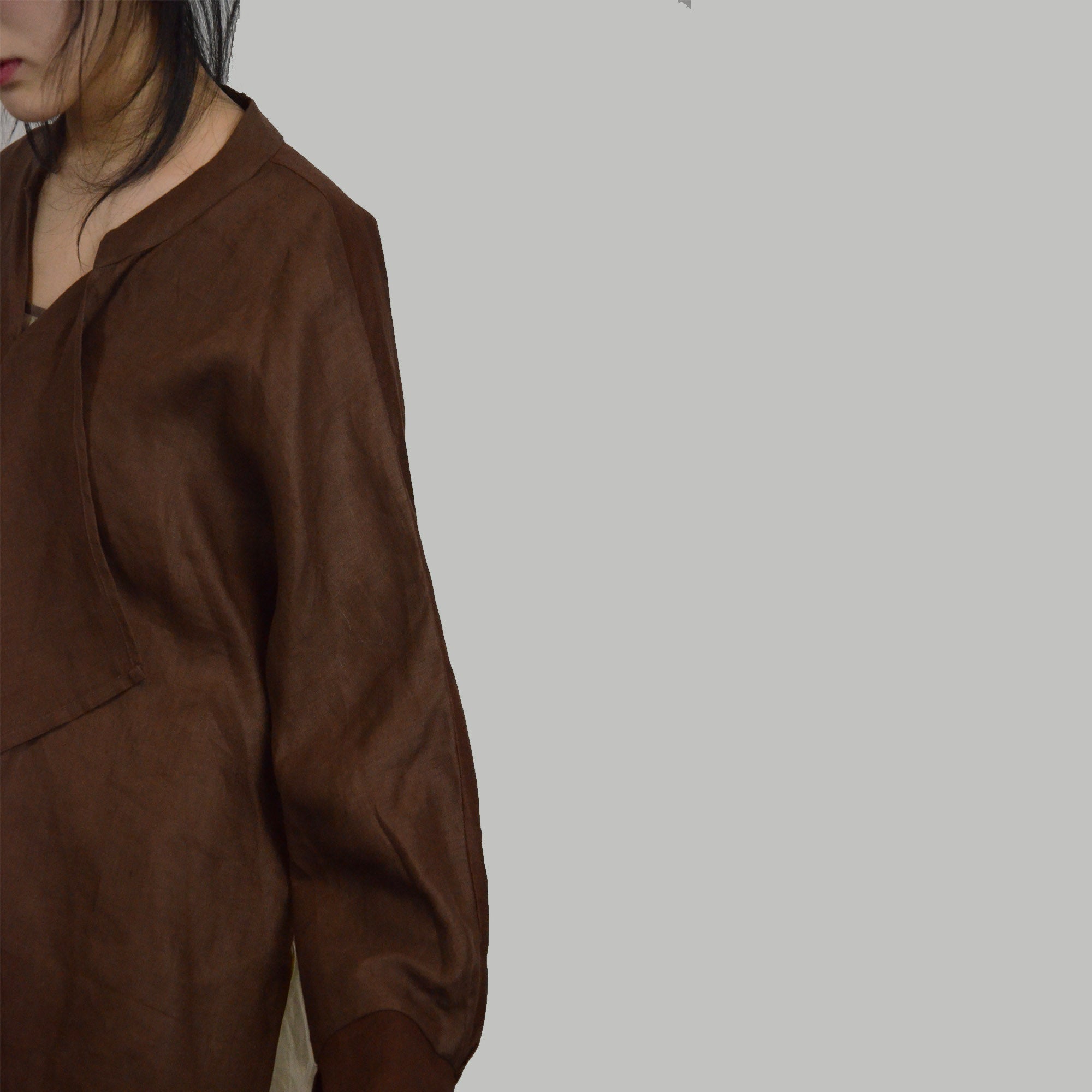 Brown linen top color block loose fit women's linen blouse with wide ruffles linen top linen shirt linen blouse loose fit top