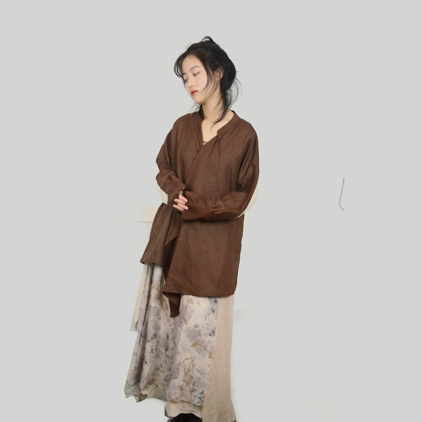Brown linen top color block loose fit women's linen blouse with wide ruffles linen top linen shirt linen blouse loose fit top
