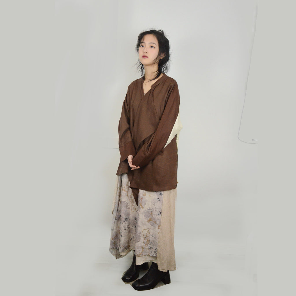 Brown linen top color block loose fit women's linen blouse with wide ruffles linen top linen shirt linen blouse loose fit top
