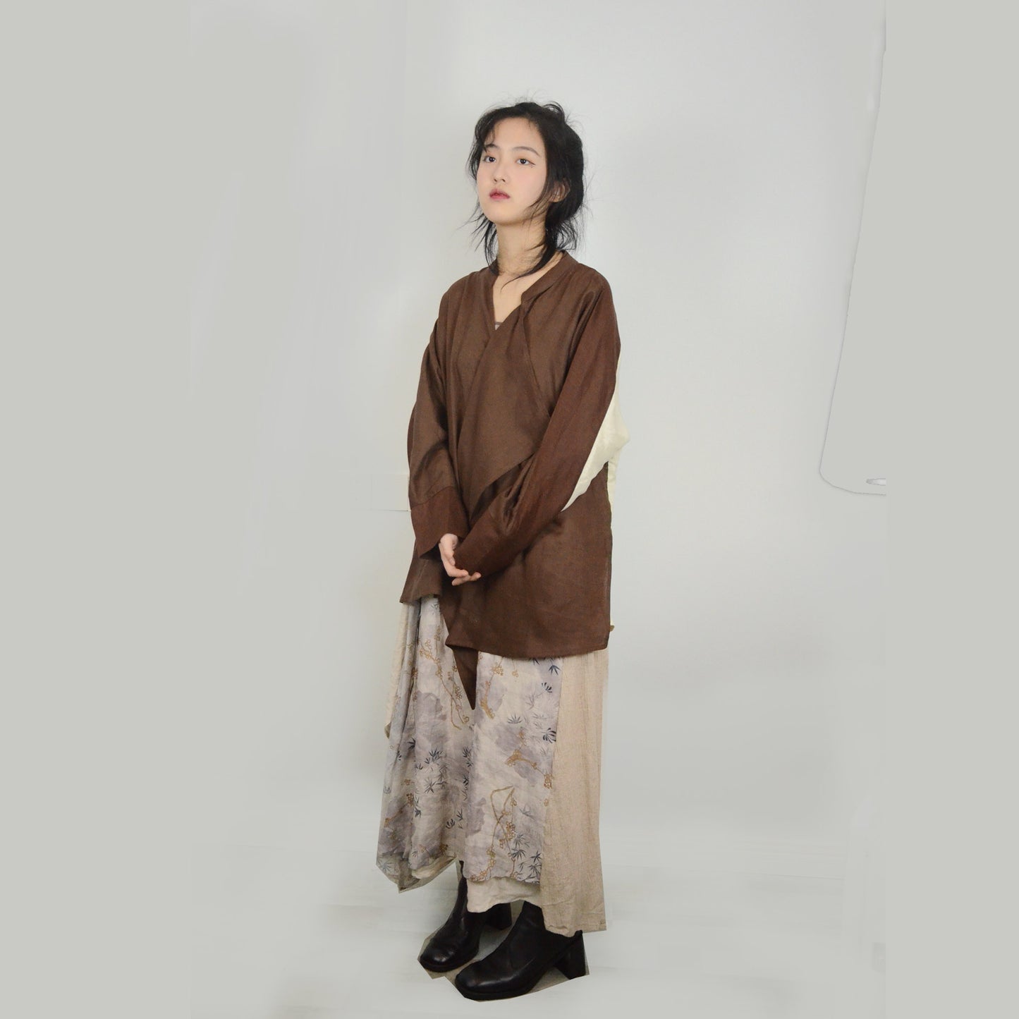 Brown linen top color block loose fit women's linen blouse with wide ruffles linen top linen shirt linen blouse loose fit top