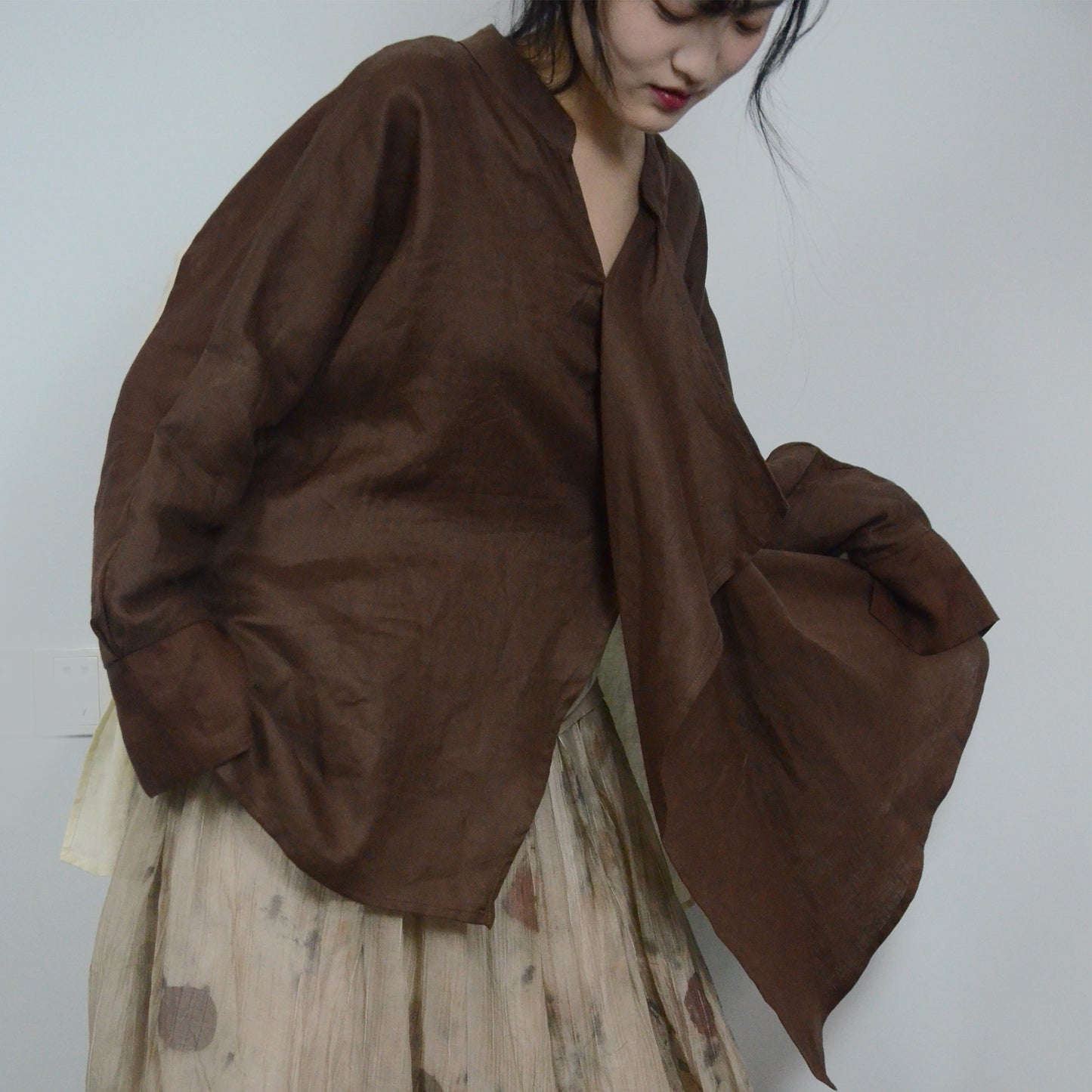 Brown linen top color block loose fit women's linen blouse with wide ruffles linen top linen shirt linen blouse loose fit top