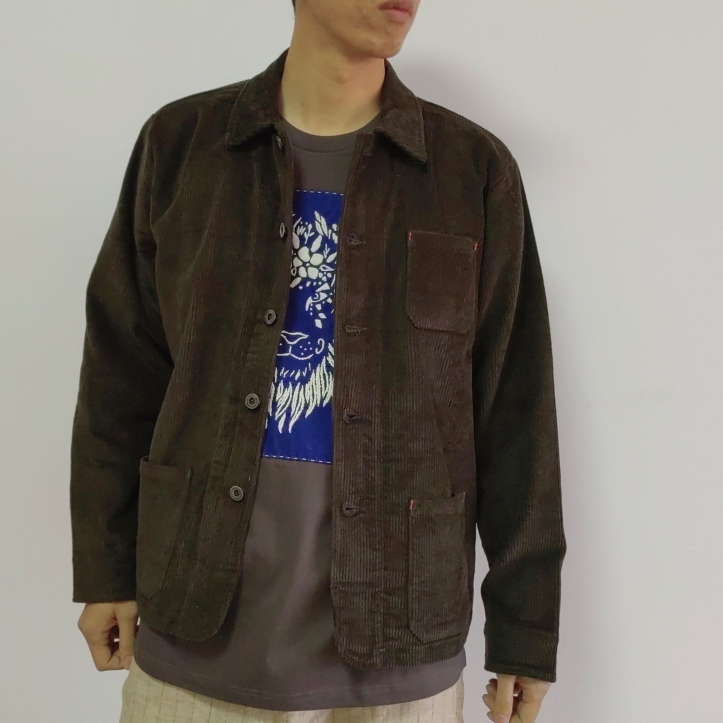 Brown corduroy shirt retro style French work wear light weight corduroy spring/autumn jacket