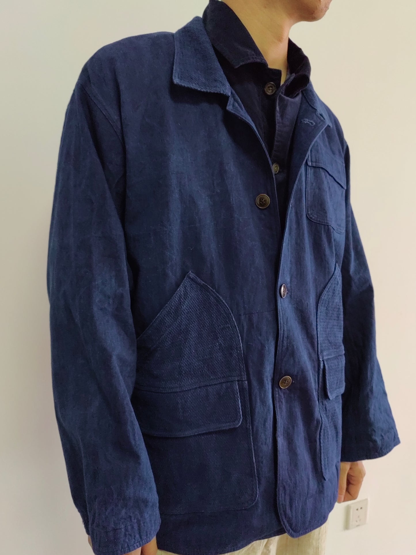 Indigo Blue Sashiko Jacket with Large pockets plant dyed indigo jacket blue coat retro workwear jacket hand dyed indigo sashiko fabric