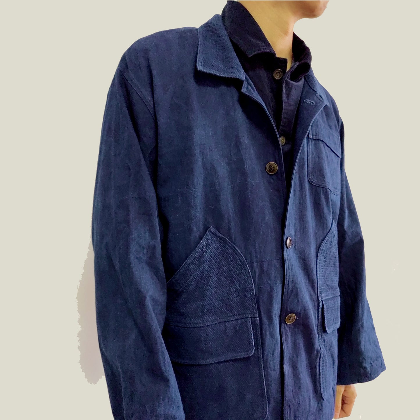 Indigo Blue Sashiko Jacket with Large pockets plant dyed indigo jacket blue coat retro workwear jacket hand dyed indigo sashiko fabric