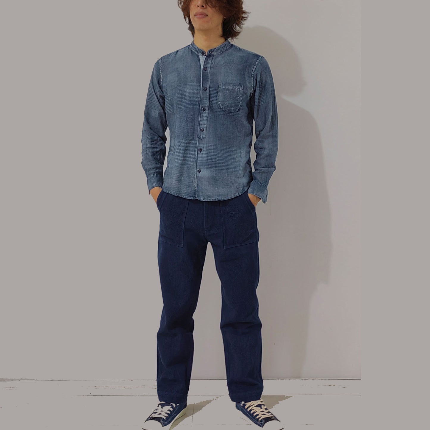 Indigo blue sashiko pants plant dye sashiko cotton made trousers retro style regular fit pants squared pocket pants